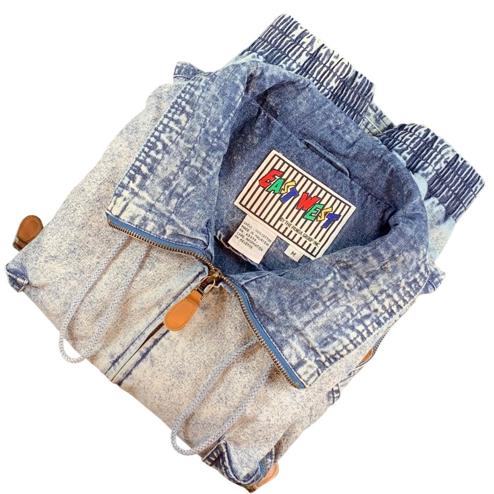 Vintage East West Acid Wash Denim Bomber Jacket Mens Large Blue 80s Zip Utility